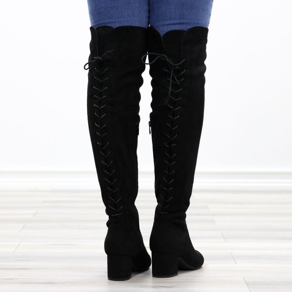Over The Knee Block Heel Boots With Lace Up Back - Picture 6 of 16